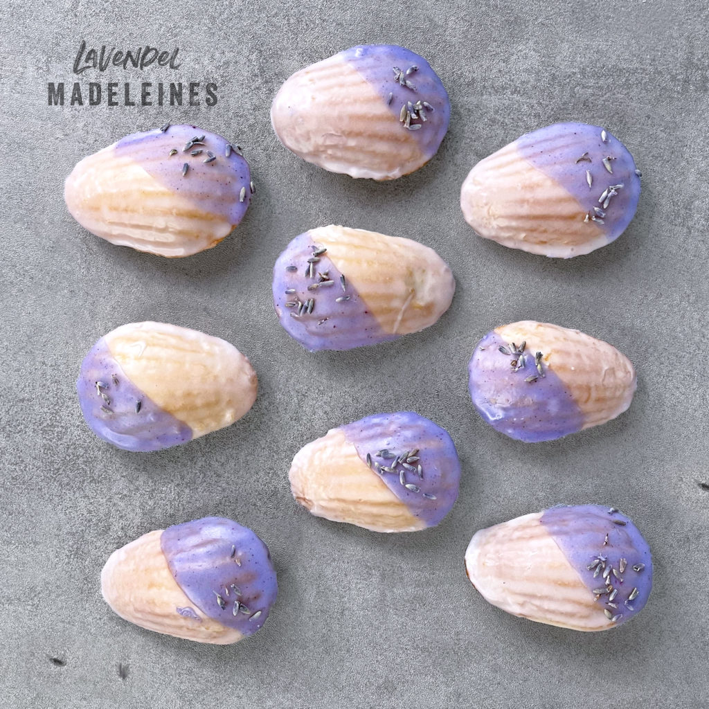 Madeleins mit Lavendelglasur - Madeleines mit essbaren Lavendelblüten verfeinert auf grauem Hintergrund